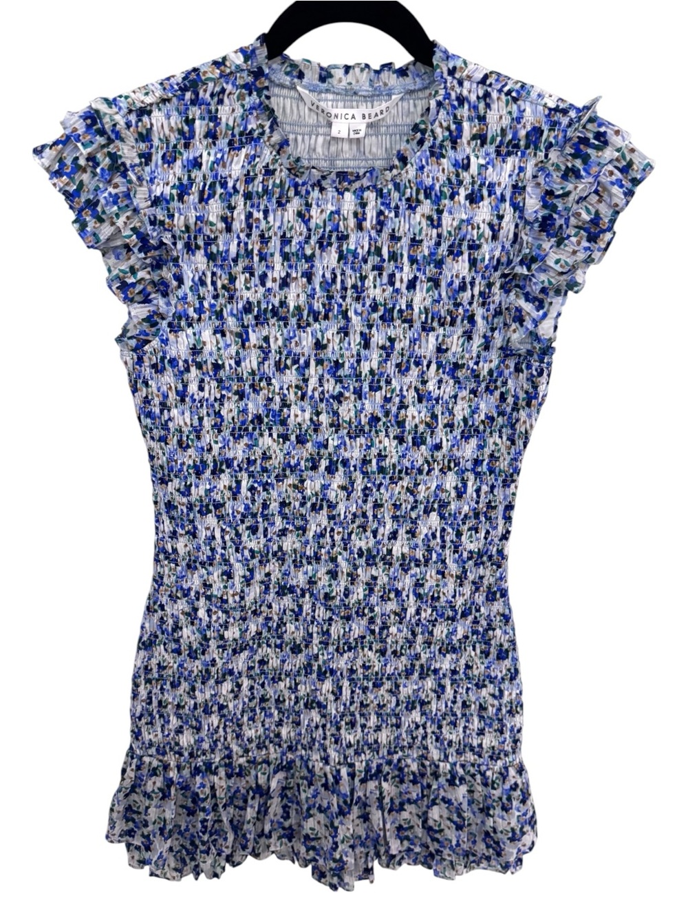Veronica Beard Blue Floral Smocked Mini Dress Ruffle Sleeve Tiered Cotton Size 2 - Picture 3 of 11